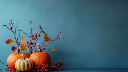 A group of pumpkins and berries on a blue background, AIの素材