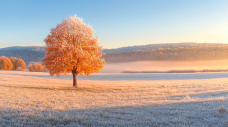 A lone tree in a field with fog and mist, AIの素材