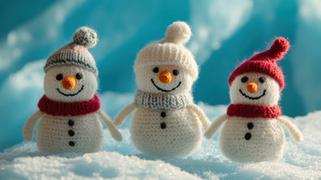 Three small knitted snowmen are standing in the snow, AIの素材