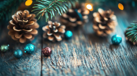 A close up of pine cones and ornaments on a wooden table, AIの素材