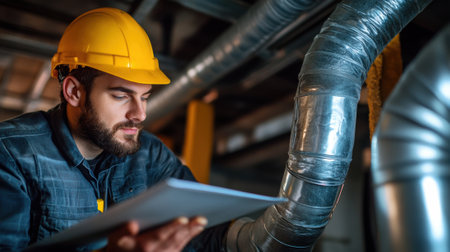 A man in a hard hat looking at something on his tablet, AIの素材