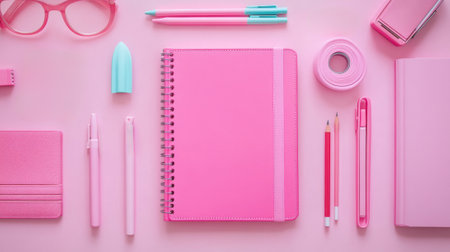 A pink notebook, pencils and other accessories arranged on a table, AIの素材