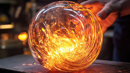 A person is holding glowing glass ball with fire inside of it, AIの素材