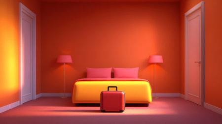 A suitcase sitting on a bed in an orange room, AIの素材