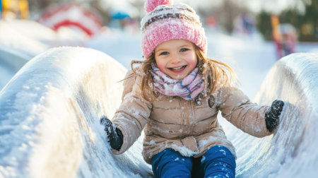 A young girl smiling while sliding down a snow covered slope, AIの素材