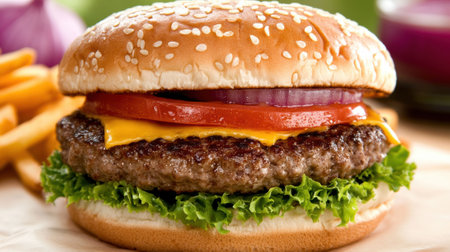 A close up of a hamburger with cheese, onions and tomatoes, AIの素材