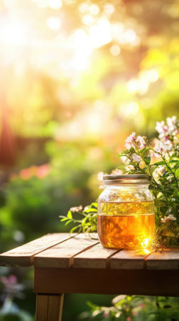 A jar of honey sitting on a table with flowers, AIの素材