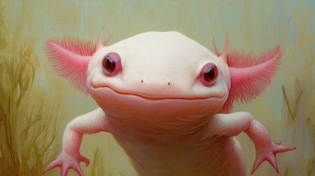 A close up of a pink and white axolotl with big eyes, AIの素材