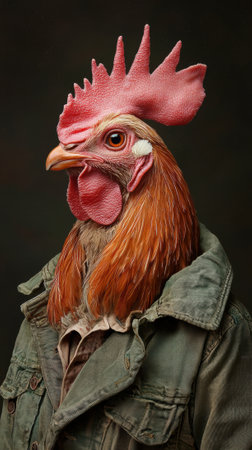 A close up of a rooster wearing an army jacket and hat, AIの素材