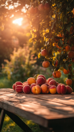 A bunch of peaches are on a wooden table in the sun, AIの素材