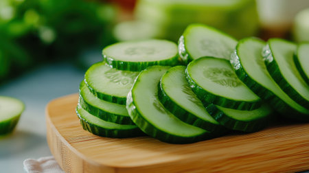 A cutting board with sliced cucumbers on it and a knife, AIの素材