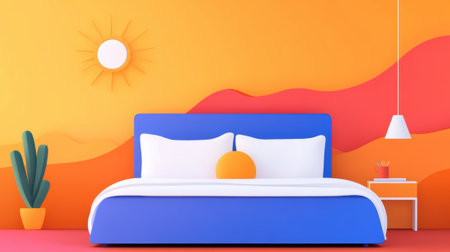 A bedroom with a blue bed and orange walls, AIの素材