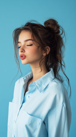 A woman with a ponytail and blue shirt making an expression, AIの素材