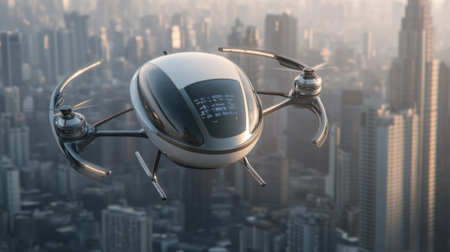 A futuristic looking flying vehicle with a screen on the front, AIの素材