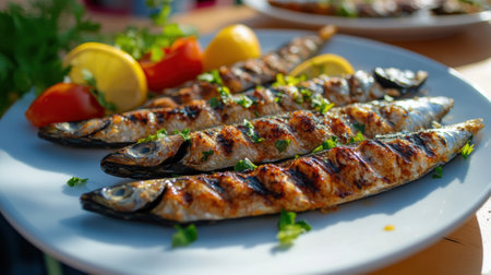 A plate of grilled fish with lemon wedges and tomatoes, AIの素材