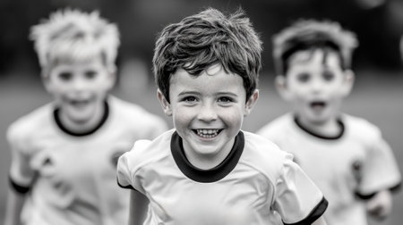 A group of a boy is smiling while running with other boys, AIの素材