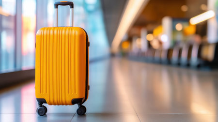 A yellow suitcase sitting on a tiled floor in an airport, AIの素材