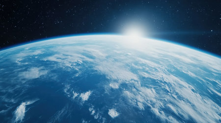 A view of the earth from space with a bright sun in front, AIの素材