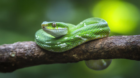 A green snake sitting on a branch with its eyes closed, AIの素材