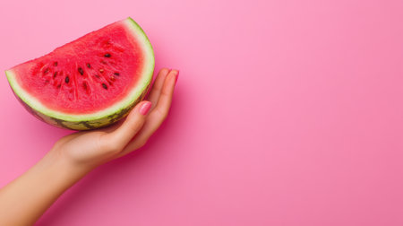 A persons hand holding a slice of watermelon on pink background, AIの素材