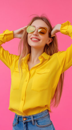 A woman in yellow shirt and sunglasses posing for a picture, AIの素材