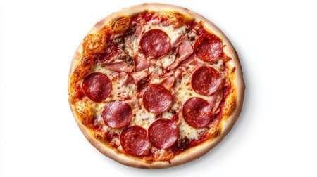 A pepperoni pizza with a white background on top of the table, AIの素材
