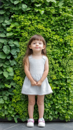A little girl standing in front of a green wall with plants, AIの素材