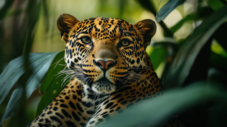 A leopard sitting in the middle of a forest with leaves, AIの素材