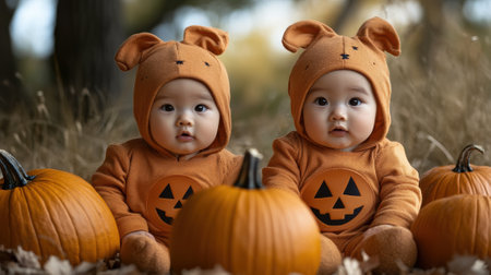 Two babies in halloween costumes sitting on the ground next to pumpkins, AIの素材