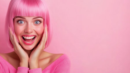 A woman with pink hair and a smile on her face, AIの素材