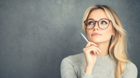 A woman in glasses holding a pen and looking up, AIの素材