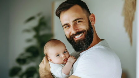 A man with a beard holding up his baby, AIの素材