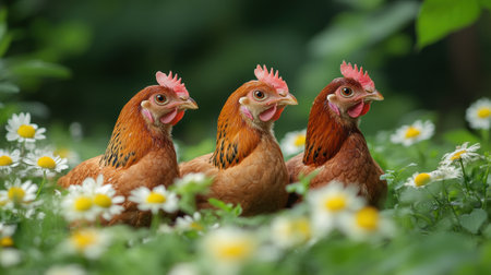 Three chickens are standing in a field of flowers, AIの素材