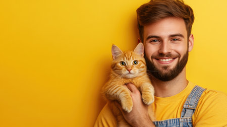 A man holding a cat against his chest on yellow background, AIの素材