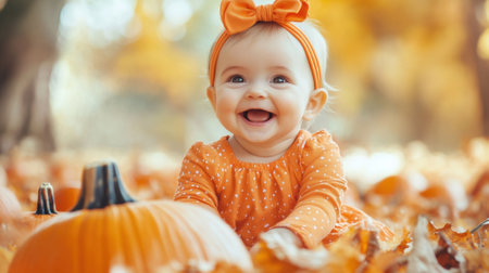 A baby girl smiling while sitting in a pile of pumpkins, AIの素材