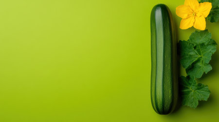 A cucumber and a flower on green background with white text, AIの素材