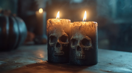 Two candles with skulls on them sitting in front of a table, AIの素材