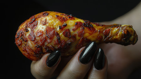 A hand holding a piece of food with black nails, AIの素材