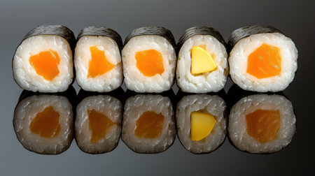 A row of sushi rolls with different types and colors, AIの素材
