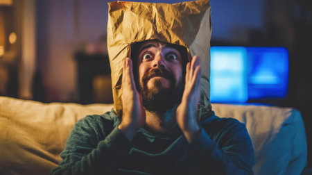 A man with a bag on his head sitting in front of the tv, AIの素材