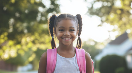 A young girl with braids and a pink backpack smiles, AIの素材