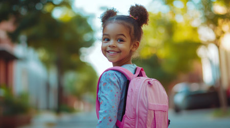 A young girl with a pink backpack smiles while walking down the street, AIの素材