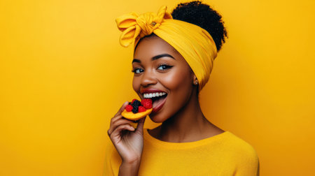 A woman in a yellow head wrap eating something with berries, AIの素材