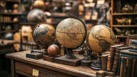A table with three globes on it and a bunch of books, AIの素材