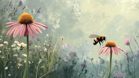 A painting of a bee on two pink flowers in the field, AIの素材