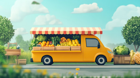 A truck with a bunch of fruits and vegetables on the side, AIの素材