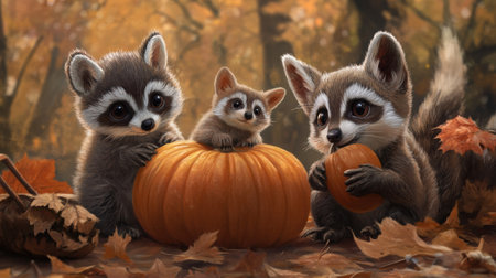 Three raccoons are sitting on a pumpkin in the fall, AIの素材