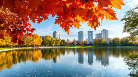 A lake with a city skyline in the background and trees changing colors, AIの素材