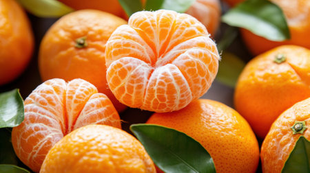 A close up of a bunch of tangerines with leaves on them, AIの素材