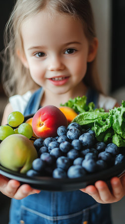 A little girl holding a plate of fruit and vegetables, AIの素材